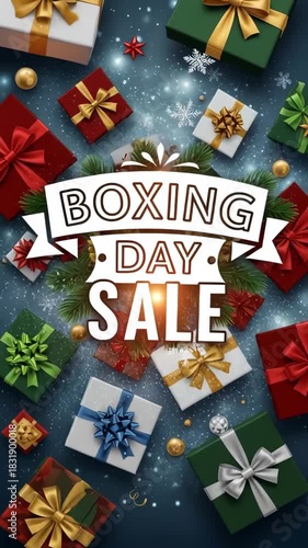 Festive boxing day sale with wrapped gifts and falling snowflakes in vibrant colors