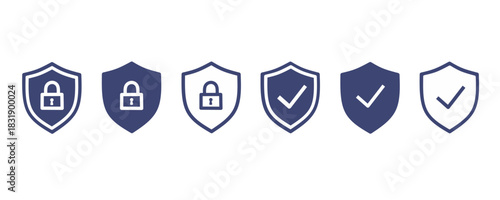 Blue security shield icons with lock and check symbols, ideal for digital protection designs, verification graphics, privacy labels, and secure interface elements