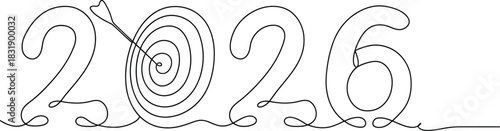 Achieve 2026 goals with focus and precision, an arrow hits the target in continuous line art, perfect for new year resolutions and success strategies