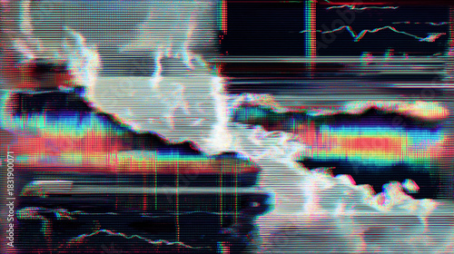 Distorted glitch effect of clouds or land. Perfect for digital artwork, technology design, abstract concepts, or futuristic backgrounds.
