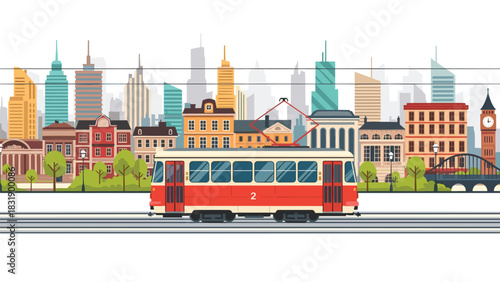 Charming tram ride through a vibrant cityscape, perfect for travel blogs or urban design projects, showcasing city life and transport