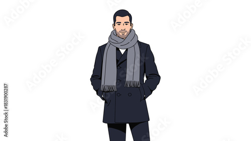 Elegant man wearing stylish coat and scarf, exuding professional confidence and modern fashion sense for lifestyle or business