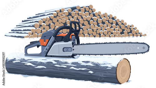 Powerful chainsaw resting on snowy log with woodpile backdrop, ready for winter lumberjacking and firewood preparation