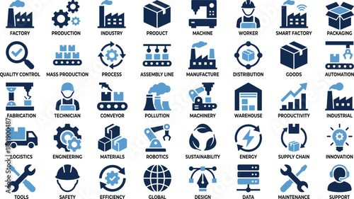 Manufacturing icon set, industrial symbols, production graphics, factory visuals, automation tools, engineering elements, blue theme, supply chain design