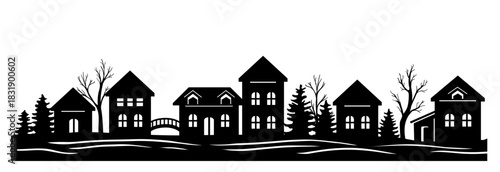 Beautiful town and village silhouette. Winter houses on white background. landscape with trees and houses template vector. Christmas crafts and festive illustration.