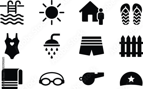 Swimming icon set, poolside symbols, summer activity graphics, aquatic gear visuals, water recreation tools, black design, vacation elements