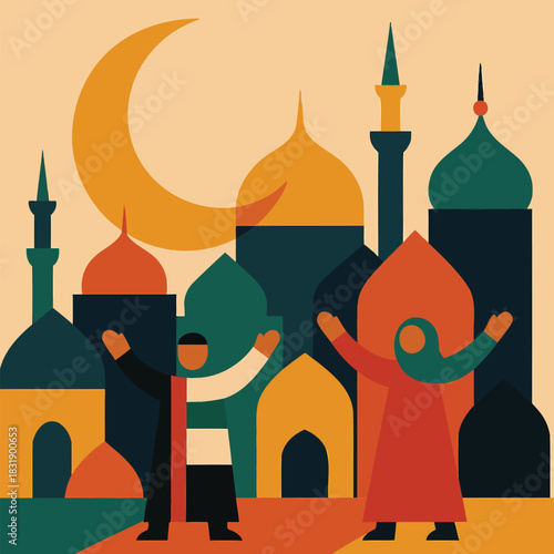 Modern United Arab Emirates religious observance artwork featuring abstract shapes simplified people and clean contemplative themed elements