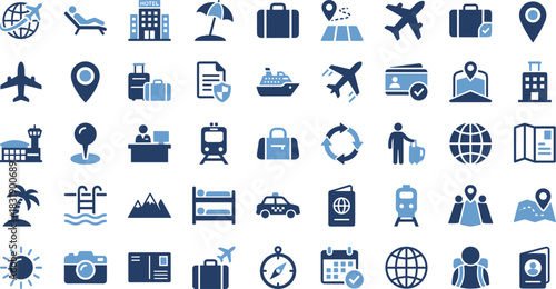 Travel icon set, tourism symbols, vacation graphics, transportation visuals, hotel and luggage icons, blue theme, global journey design