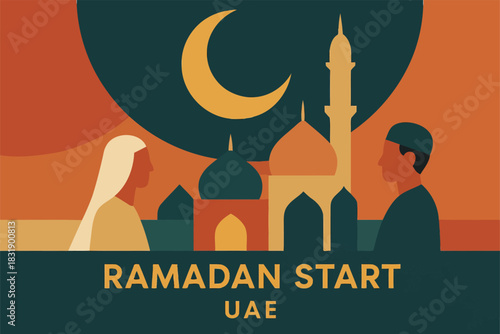 Geometric UAE Ramadan Start illustration with stylized mosque silhouettes crescent moon and simplified observance composition