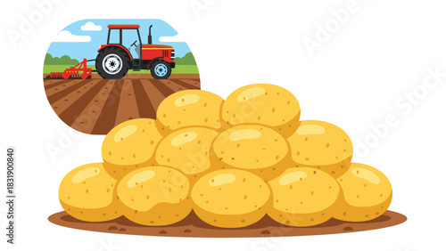 Freshly harvested potatoes and a tractor tilling the field provide a vibrant illustration of farm life and healthy eating