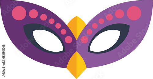Purple carnival mask with a yellow beak and pink dot decorations is a festive accessory