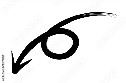 Brush curve down arrow illustration. black hand drawn arrow with bold brush stroke for highlight, direction, navigation, marker, and decorative element.