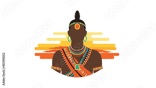 Stunning vector of African Maasai warrior with tribal jewelry and beautiful sunset background brings vibrant cultural richness