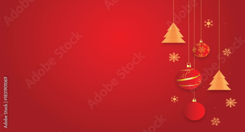 Merry Christmas and Happy New Year, red gradient baubles, and Christmas tree and snowflakes