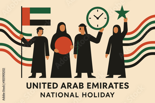 Abstract UAE New Year’s Day scene with flowing monuments forms stylized fireworks and minimal festive design