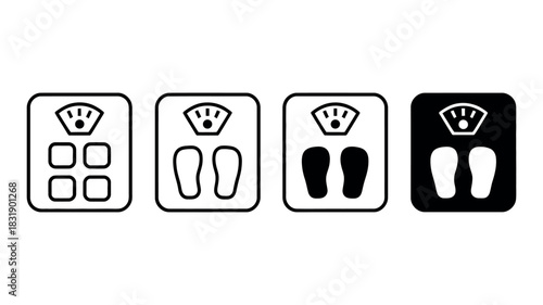Four different icons depict a bathroom scale, showing variations in design and color.