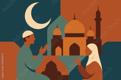 Modern United Arab Emirates religious observance artwork featuring abstract shapes simplified people and clean celebratory themed elements