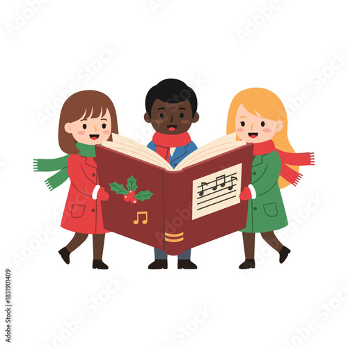 Three children singing from a giant book of Christmas carols outdoors  