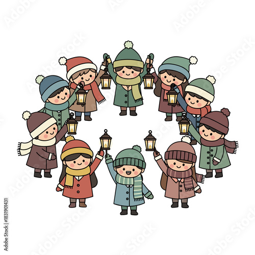 Children caroling and holding lanterns in a circle at night  