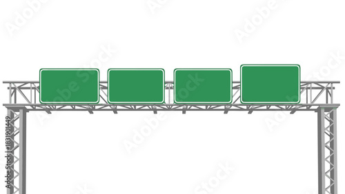 Blank highway sign mockup with four green signs ready for your custom text and directions for travel destinations