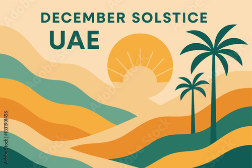 Geometric UAE December Solstice illustration with stylized desert sun shapes and simplified seasonal festive composition