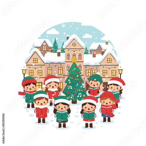 Christmas carolers singing with lanterns at night in snowy village  