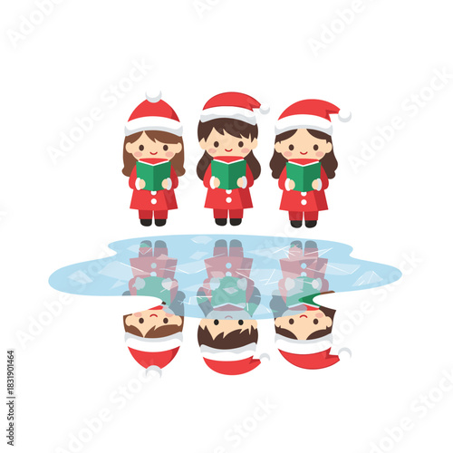 Christmas carolers singing with lanterns reflected in frozen puddle  