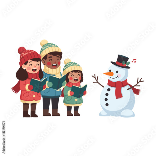 Children singing Christmas carols with lanterns by a snowman at night  