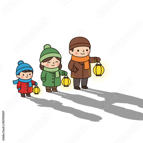 Family standing together holding lanterns at night during winter  