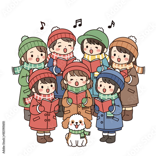 Group of children singing Christmas carols with a dog at night  