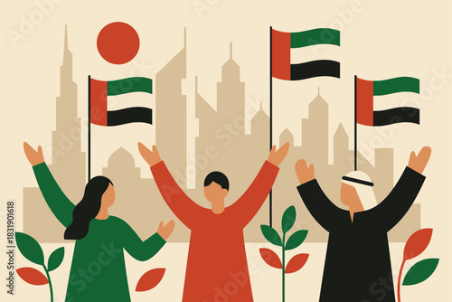 Abstract UAE National Day scene with flowing monuments forms stylized flags and minimal festive design