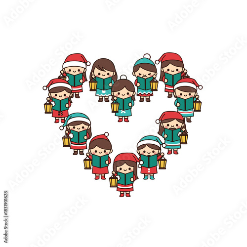 Christmas carolers singing with lanterns in heart shape formation  