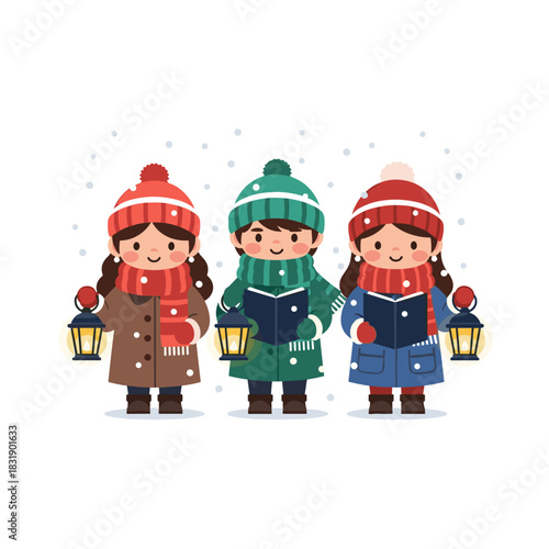 Three children singing Christmas carols with lanterns in winter  