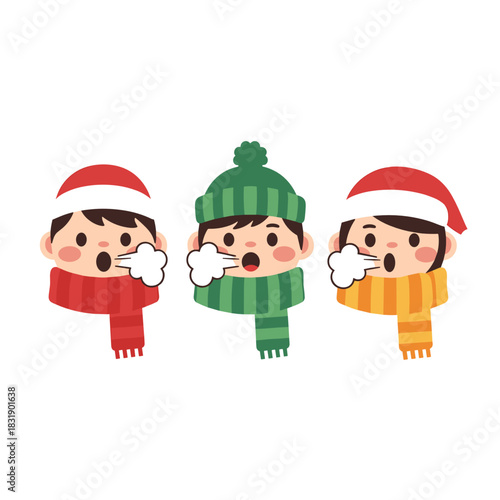 Children singing Christmas carols with scarves and hats in winter  