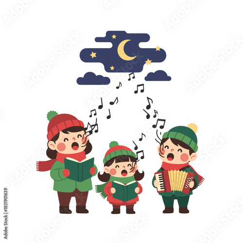 Children singing Christmas carols with lanterns and musical notes at night  