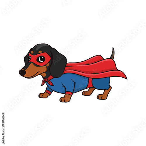 Cartoon illustration of a dachshund dog dressed as a superhero, wearing a red cape and mask, and a blue and red costume.