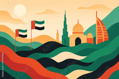 Abstract UAE National Holiday scene with flowing monuments forms stylized flags and minimal festive design