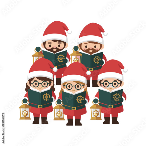 Christmas carolers with brass lanterns singing at night  