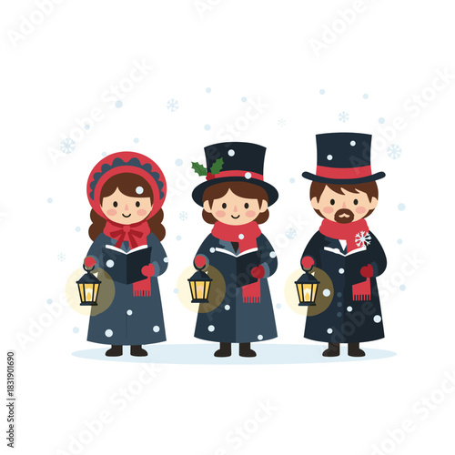 Victorian carolers singing with lanterns in snowy winter scene  