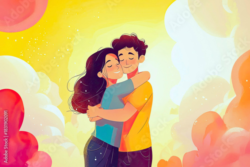 AI Generated - Man and woman embracing and kissing in front of a colorful sky with clouds. Commercial illustration artwork. Illustration. High-resolution. High-res. Premium quality. Premium.