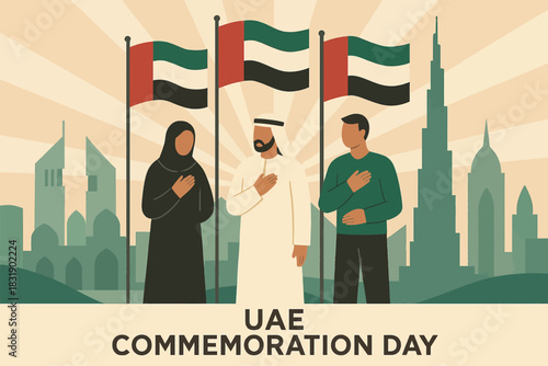 Geometric UAE Commemoration Day illustration with stylized skyline flags and simplified figures in respectful observance composition