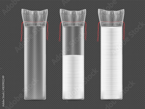 Cosmetic cotton pad disk stack package, vector white round pads in plastic bag with drawstrings, soft comfort skin care