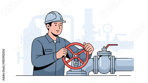 Confident engineer controlling industrial valve, ensuring smooth operations and safety in modern factory setting