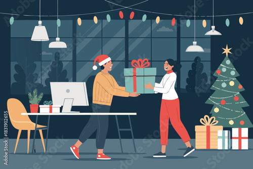 Featuring Coworkers Exchanging Christmas Gifts Elegant High-Quality Stock Image