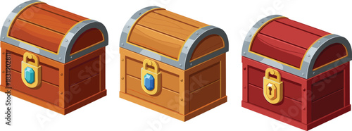 A vector set of three closed wooden treasure chests in isometric view, reinforced with metal straps and secured with a fantasy padlock, perfect for game assets and pirate themes