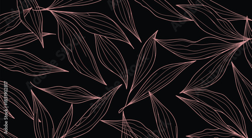 Luxurious seamless pattern of elegant rose gold outlined leaves scattered across a sophisticated solid black background for a modern design.
