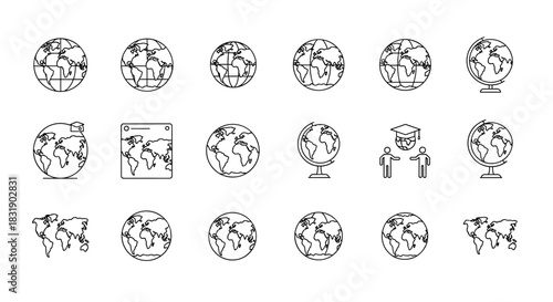 Set of thin line art icons related to geography and global education, featuring globes, world maps, and graduation caps.