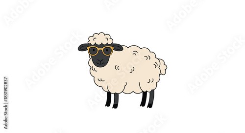 Cool and quirky cartoon sheep character standing and wearing a stylish pair of dark sunglasses, isolated on a white background.