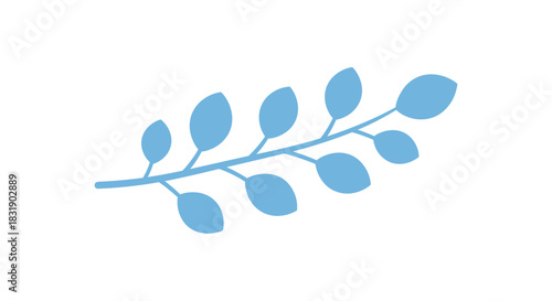 Simple and clean solid blue silhouette of a delicate plant branch with multiple rounded leaves, isolated on a white background.