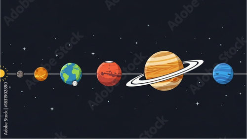 Whimsical illustration of our solar system featuring adorable, smiling planets aligned in order across a starry space background